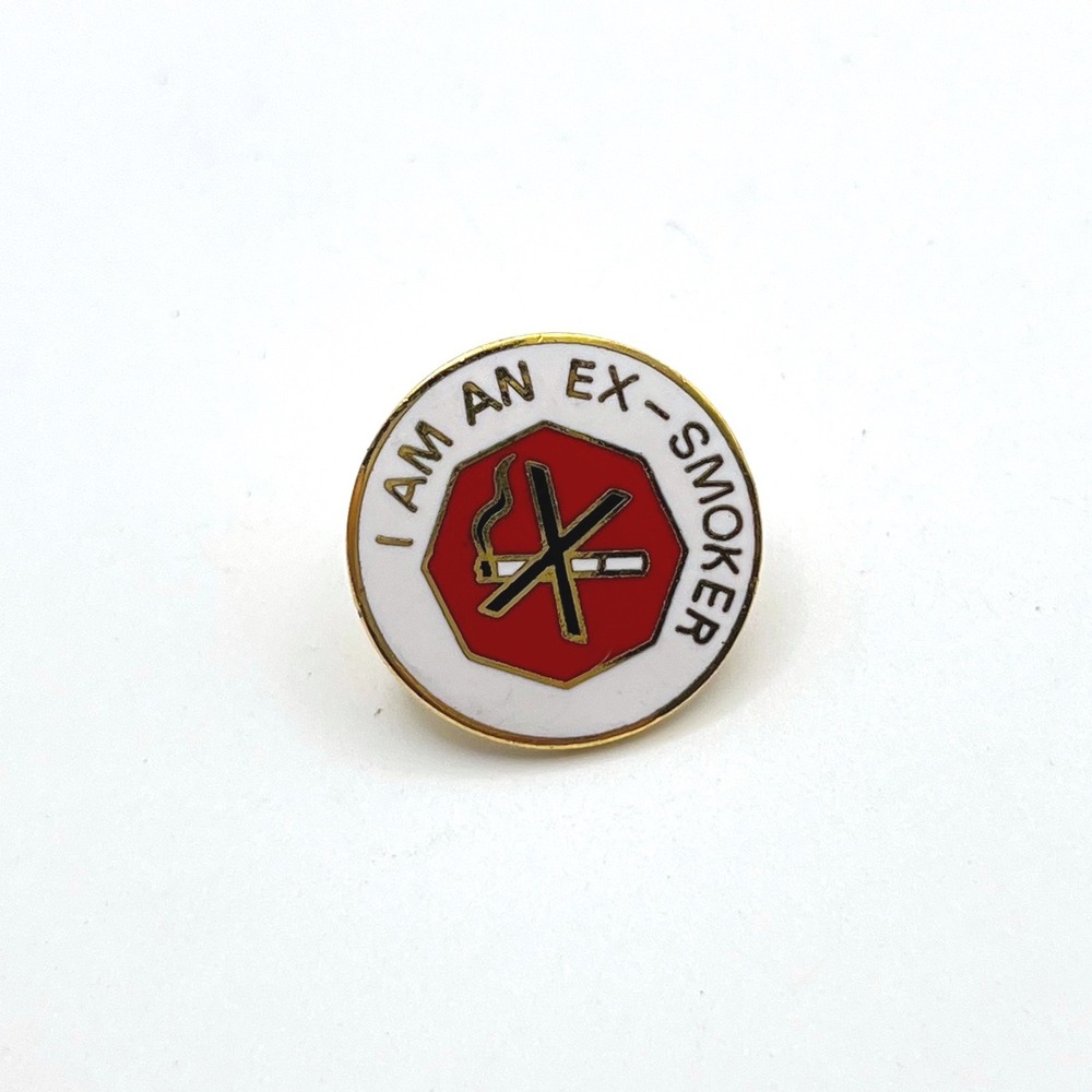 Vintage Barlow I Am An Ex-Smoker Enamel Lapel Pin Gold Tone Red Achievement
